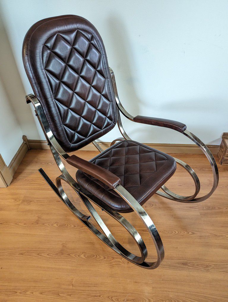 1970's French Chrome & Brown Leather Rocker by Maison Jansen