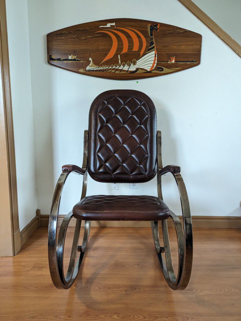 1970's French Chrome & Brown Leather Rocker by Maison Jansen