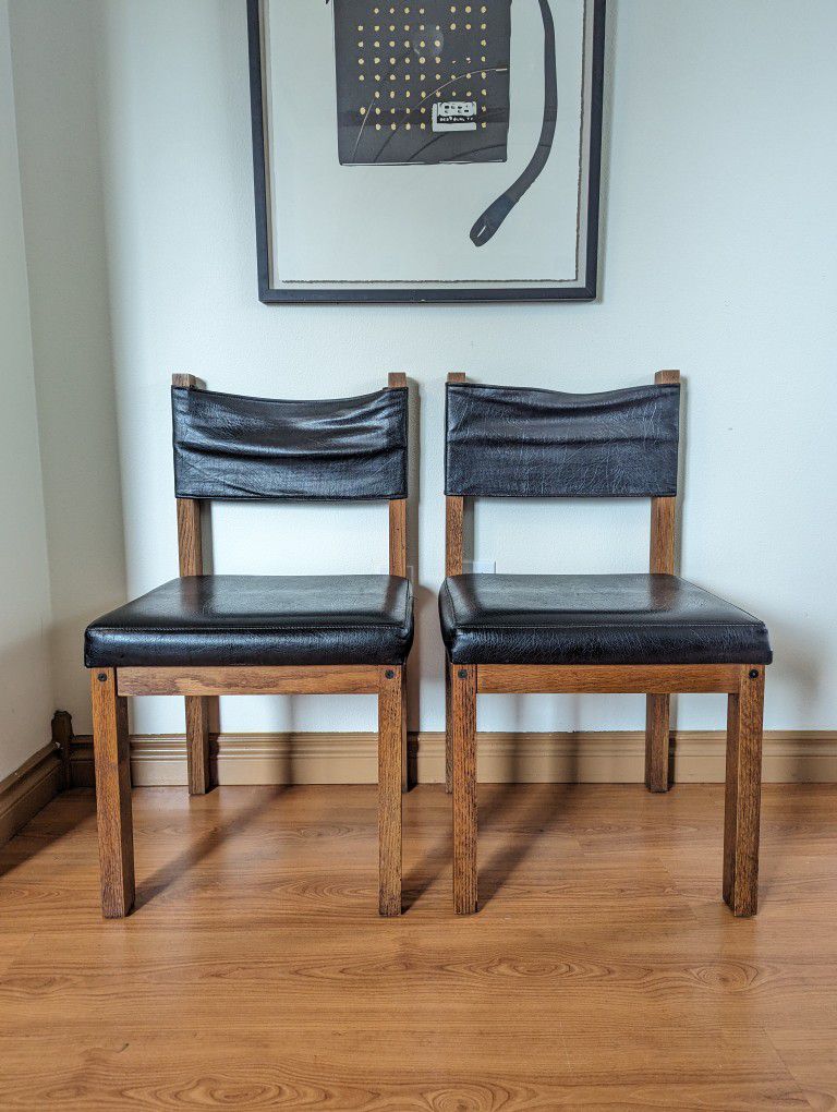 Vintage MCM Pair of Solid Oak & Black Faux Leather Sling Back Chairs $165 Each