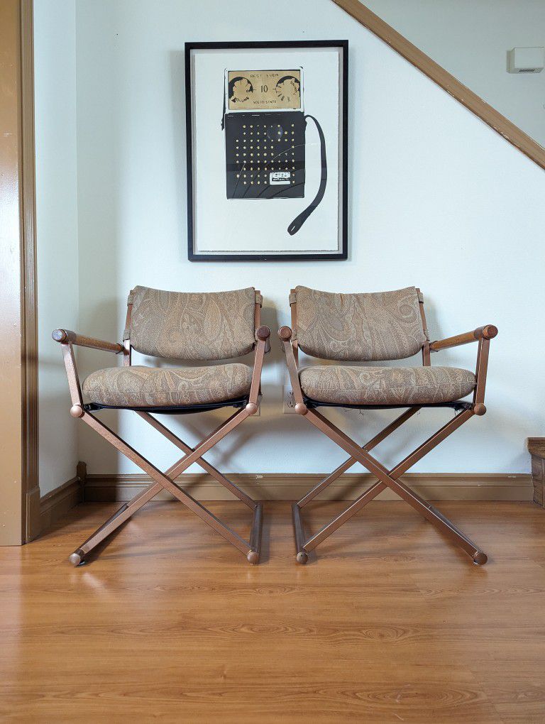 Postmodern Pair of Paisley, Copper & Oak X Framed Directors Chairs