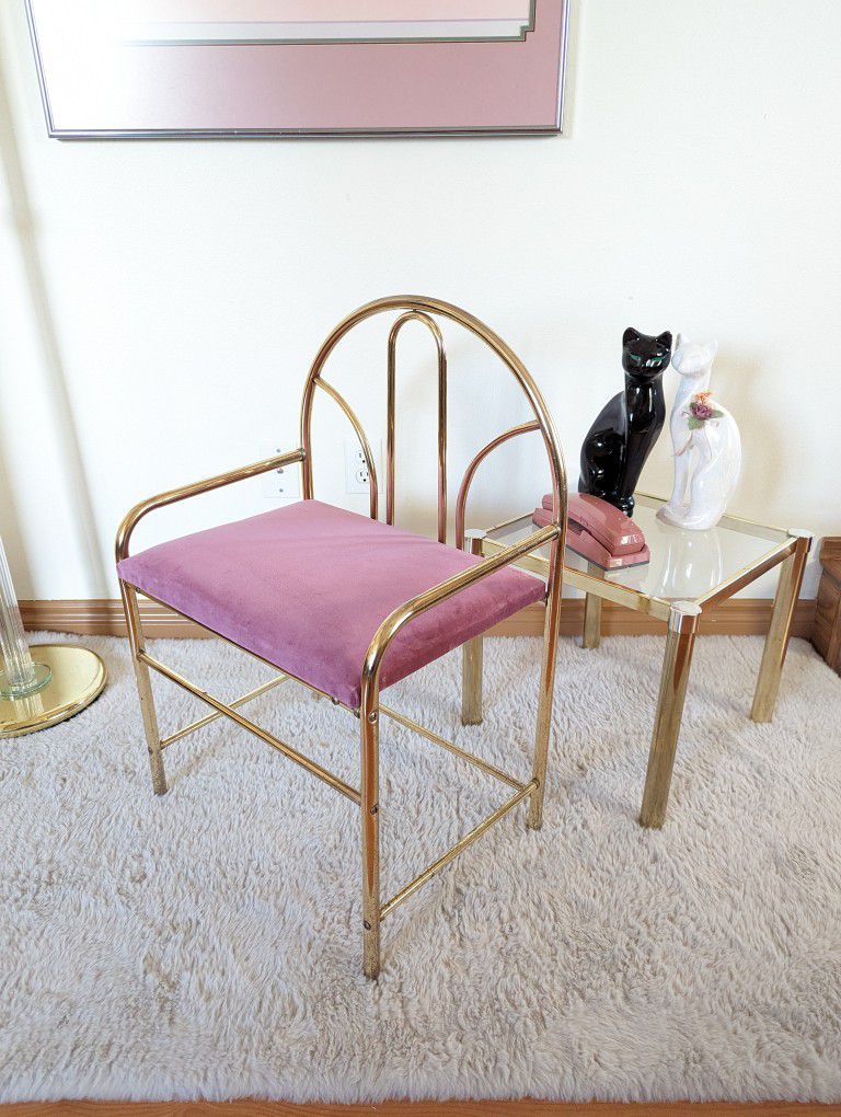 Art Deco Revival Brass Fan Back Vanity Chair w/ Dusty Rose Velvet Fabric