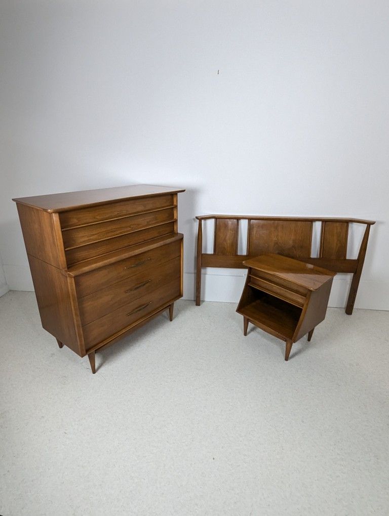 MCM Solid Walnut Highboy Dresser, Nightstand & Full Bed by Kent Coffey