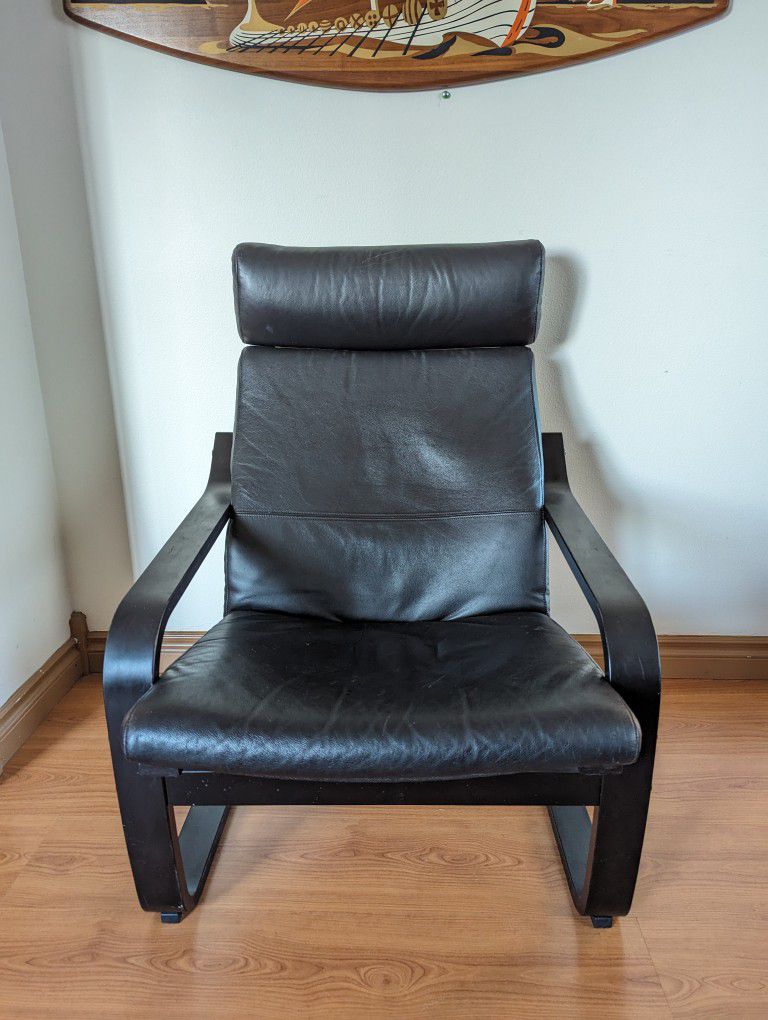 IKEA Poang Black On Black Leather & Bentwood Lounge Chair & Ottoman