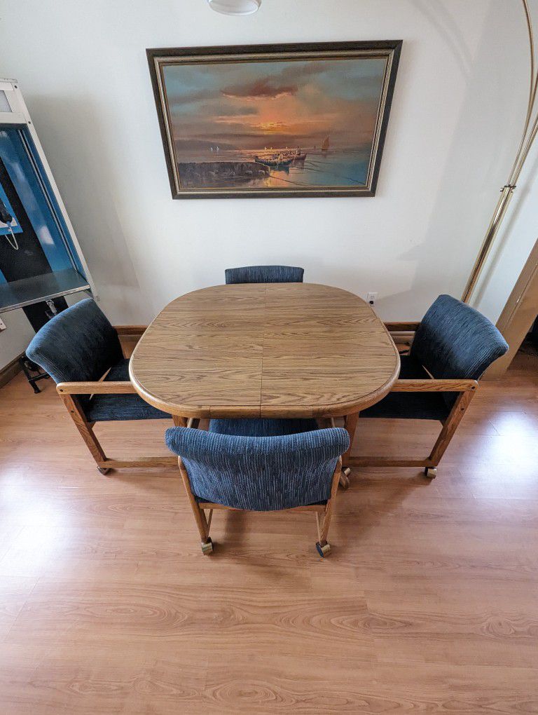 Vintage Mid Century Modern Blue Velvet Dining Table Set w/ 4 Chairs