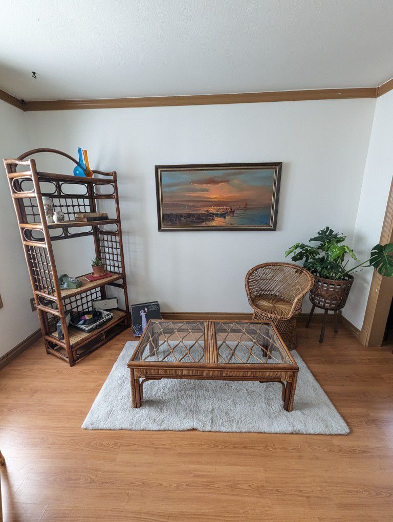 70's Mid Century Boho Bamboo & Rattan Glass Top Coffee Table