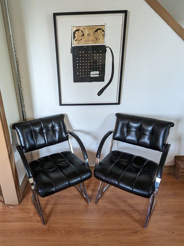 Vintage Postmodern Chrome & Black Leather Pair of Cantilever Z Chairs