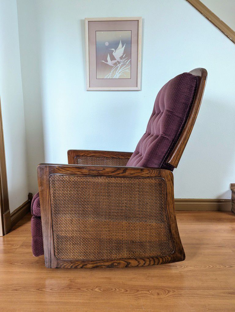 Vintage MCM Walnut & Caned Boho Recliner w/ Mauve Upholstery