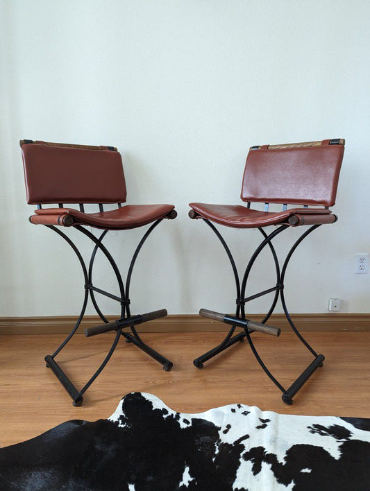 Mid Century Set of Wrought Iron & Wood Barstools