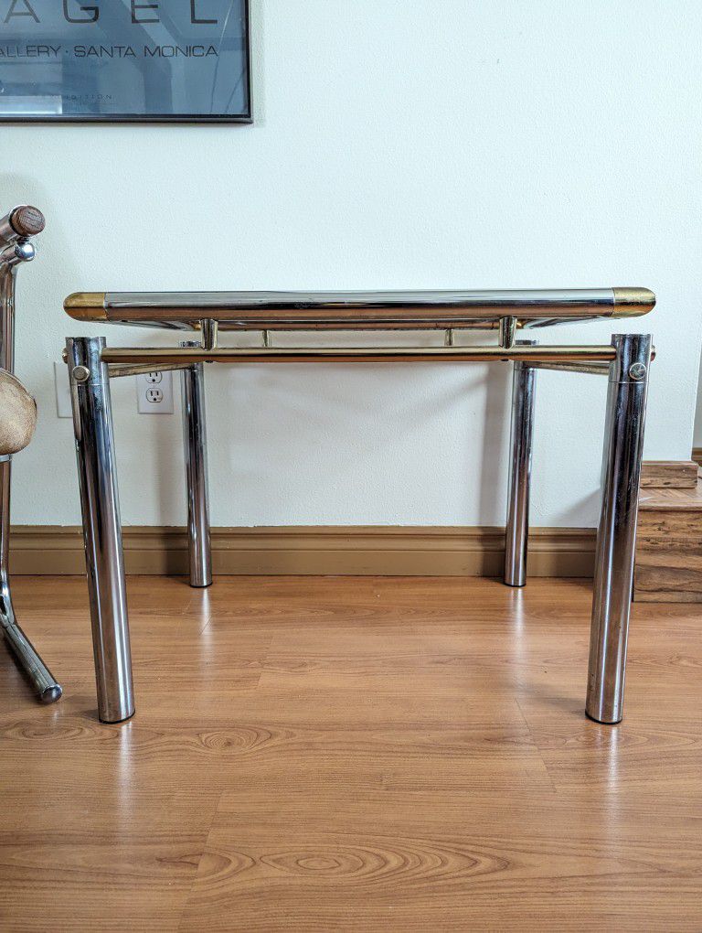 Vintage Milo Baughman Style Chrome, Brass & Smoked Glass End Table