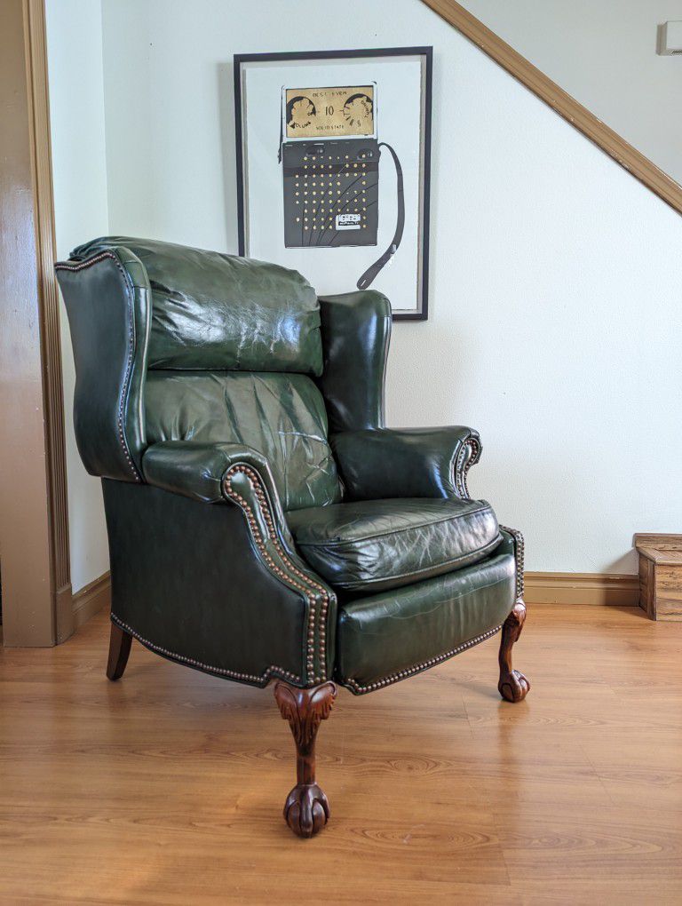 Beautiful Green Leather Presidential Wingback Recliner Barcalounger