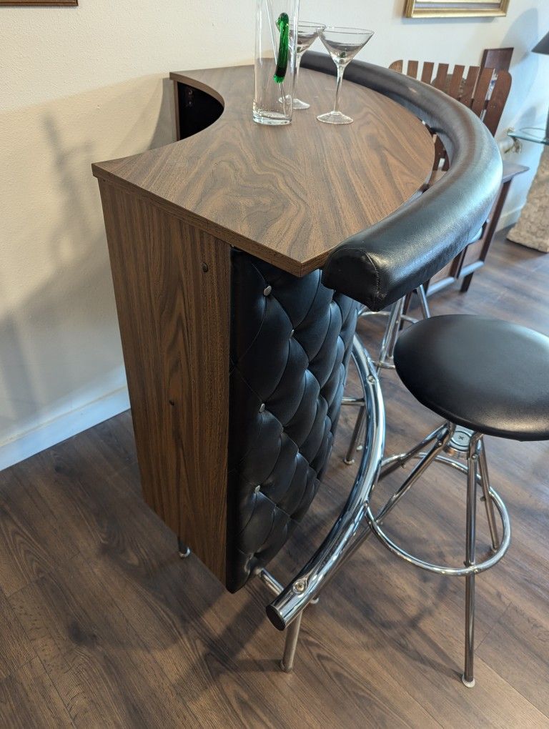 Mid Century Modern Tufted Bar Setup w/ 2 Barstools by Arthur Umanoff