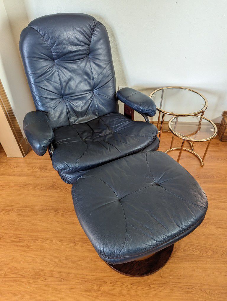 Large Ekornes Stressless Style Leather Lounge Chair Recliner & Ottoman