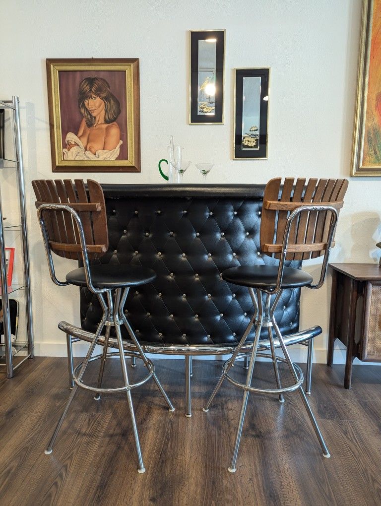 Mid Century Modern Tufted Bar Setup w/ 2 Barstools by Arthur Umanoff