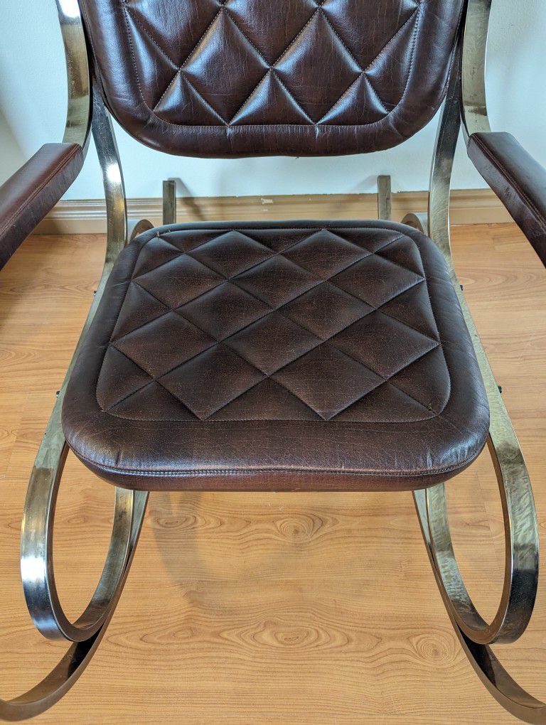 1970's French Chrome & Brown Leather Rocker by Maison Jansen