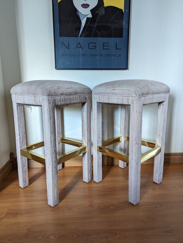 Vintage Pair Of Pink Postmodern Tweed Upholstered Counter / Bar Stools