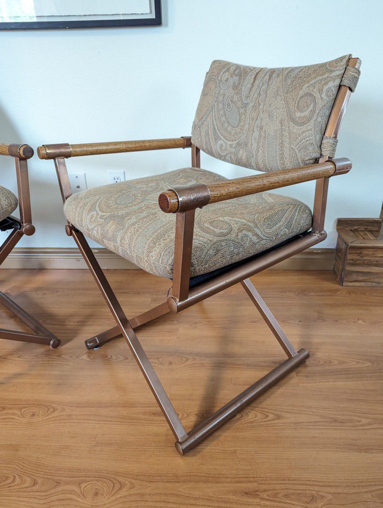 Postmodern Pair of Paisley, Copper & Oak X Framed Directors Chairs