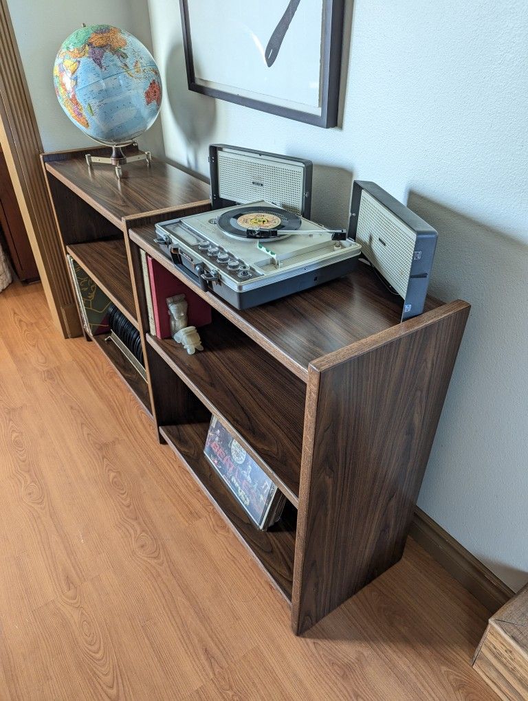 Mid Century Modern Walnut Double Bookshelf / Record Player Stand & Storage