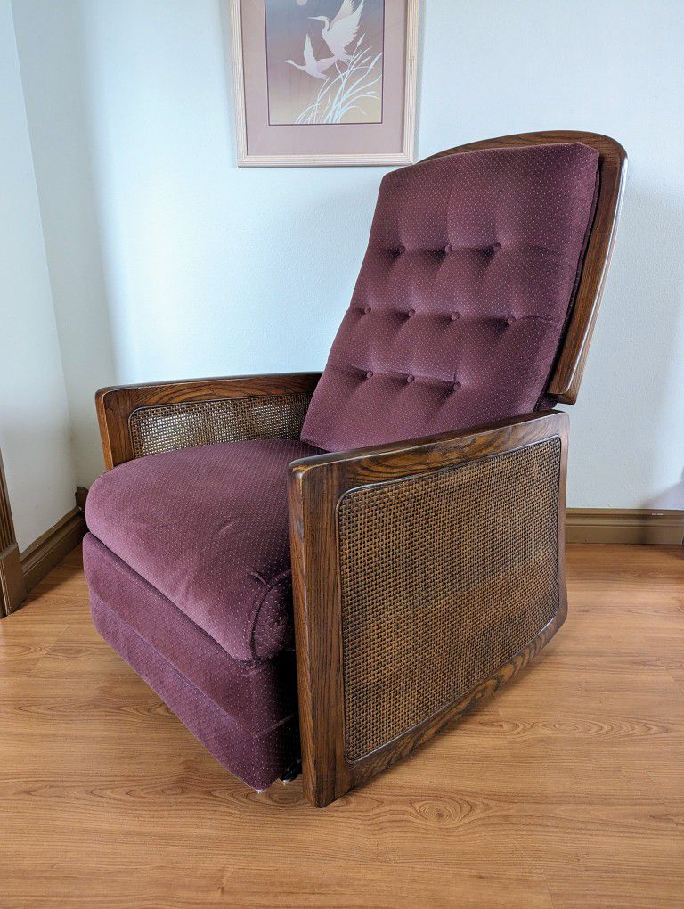 Vintage MCM Walnut & Caned Boho Recliner w/ Mauve Upholstery