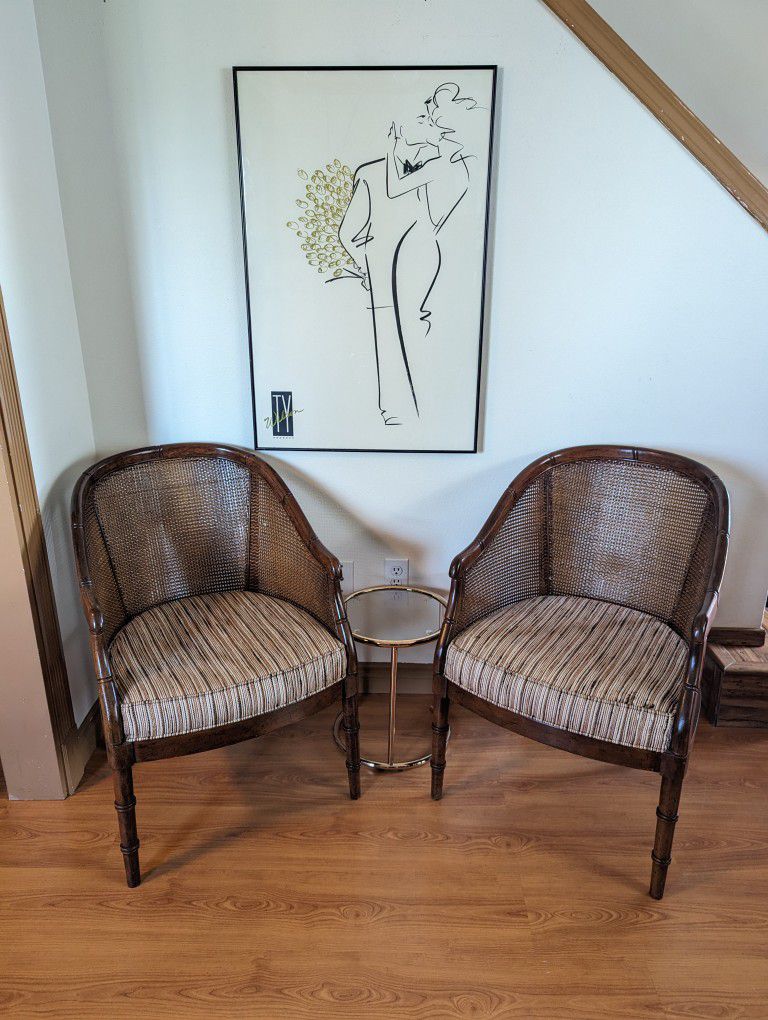 Vintage Pair of Mid Century Faux Bamboo Caned Back Hollywood Regency Chairs