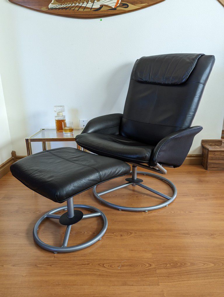 Black IKEA Stressless Style Leather Lounge Chair Recliner & Ottoman