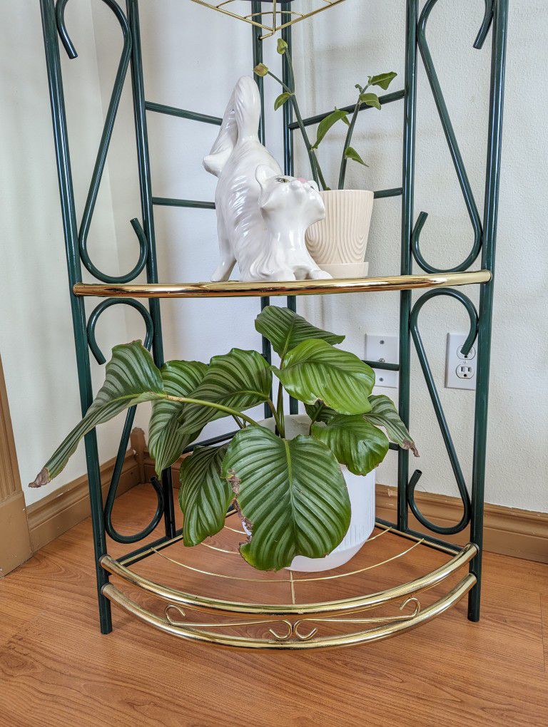 Postmodern Vintage Green & Gold 4 Tiered Corner Plant Shelf Etagere