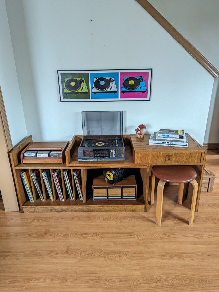 Modular Oak Record Player Stand & Storage Cabinet w/ Bookshelf