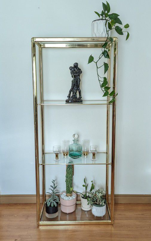 Mid Century Rectangular Brass Etagere Display w/ 4 Glass Shelves