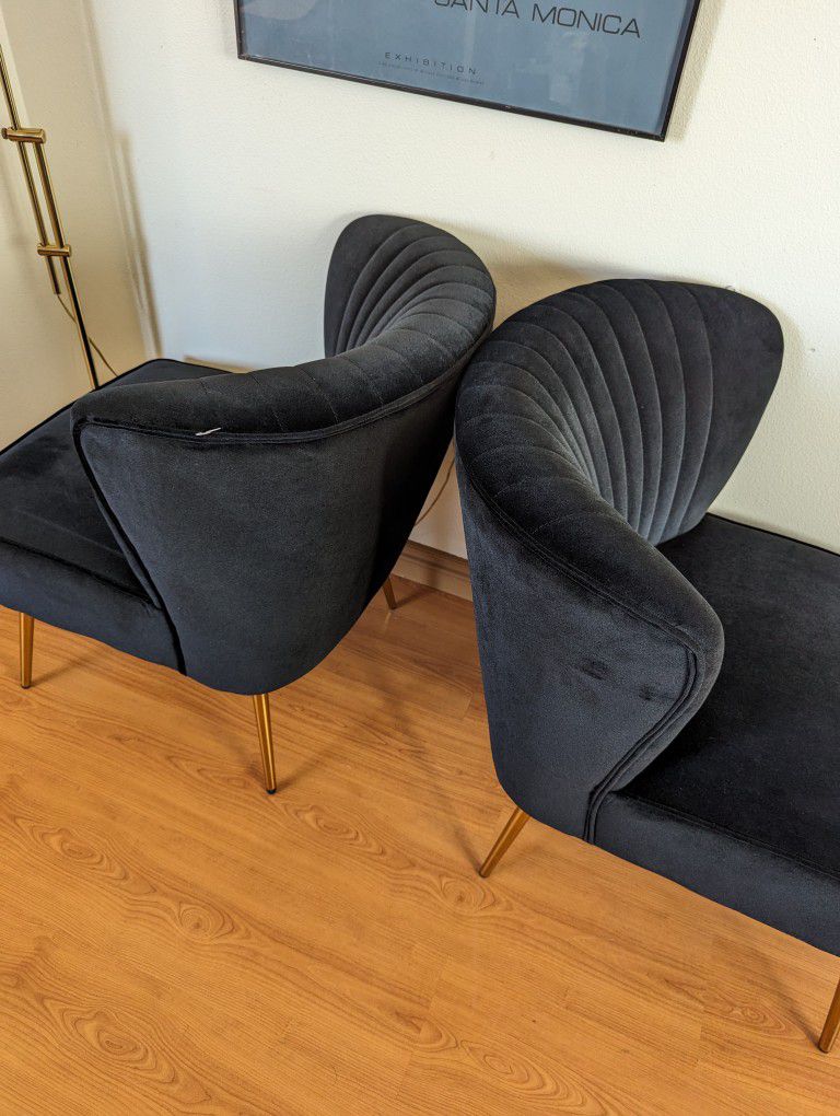 Brand New Pair of Black Velvet Shell Back & Brass Accent Chairs / Art Deco Lounge $100 Each!