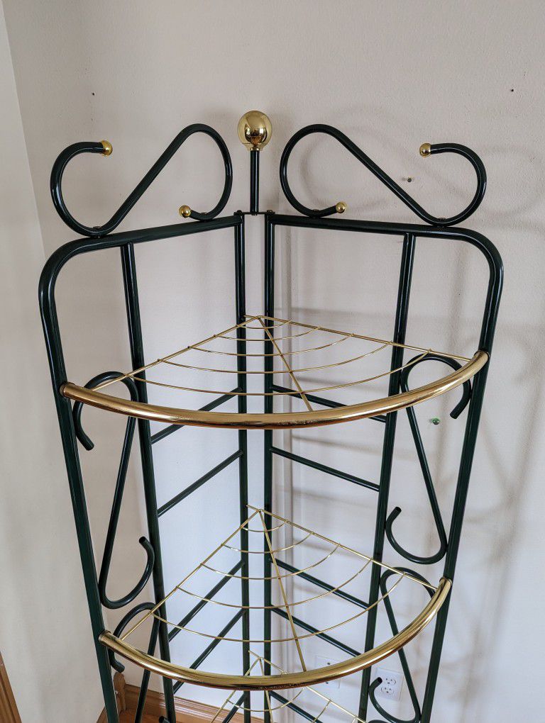 Postmodern Vintage Green & Gold 4 Tiered Corner Plant Shelf Etagere