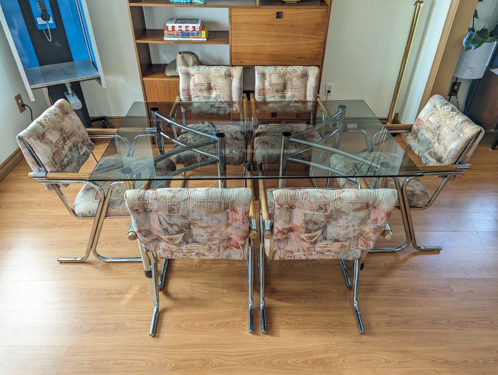 Mid Century Modern Jerry Johnson Style Chrome & Oak 6 Chair Dining Set