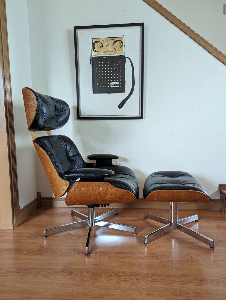 MCM Vintage Eames Black Leather Replica Lounge Chair & Ottoman