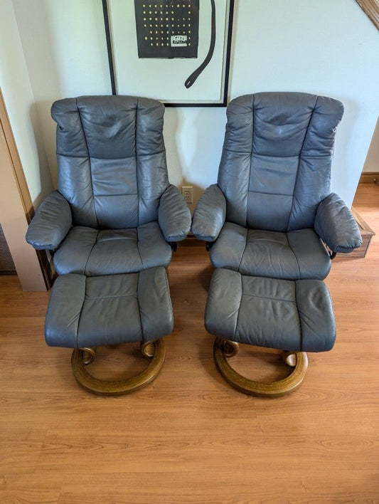 Pair of Ekornes Stressless Gray Leather Lounge Chair Recliners & Ottomans