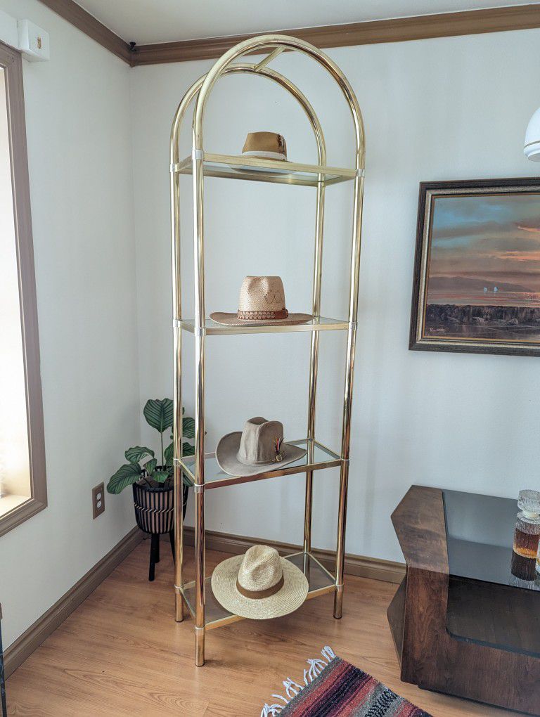 Vintage Art Deco 4 Tiered Brass Glass Open Display Tall Etagere Shelf