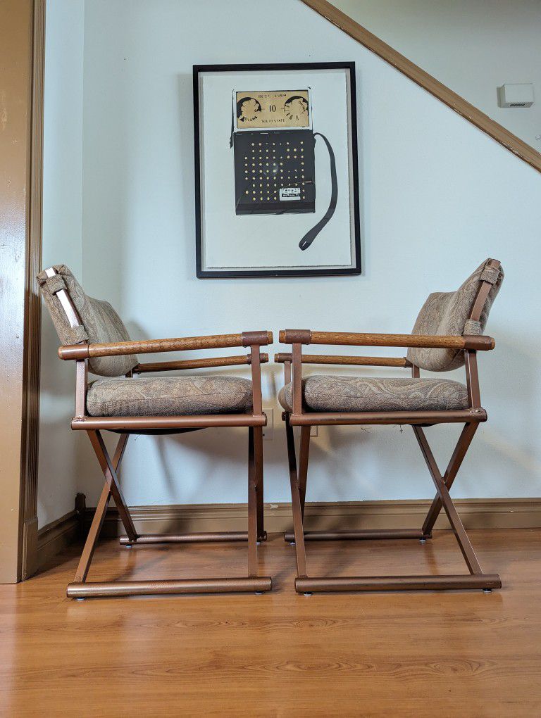 Postmodern Pair of Paisley, Copper & Oak X Framed Directors Chairs