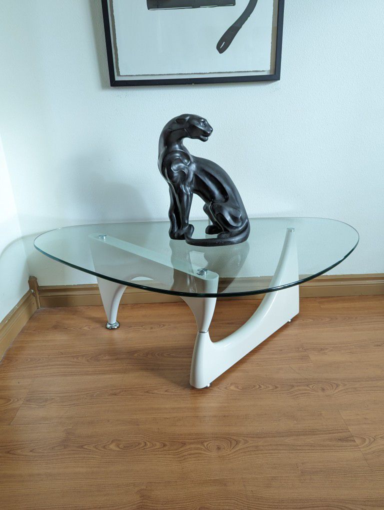 Noguchi Style White Triangular Postmodern Glass Top Coffee Table