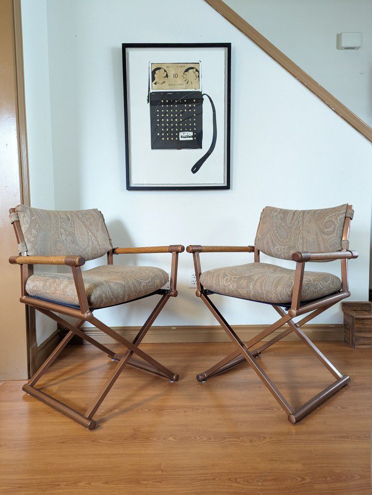 Postmodern Pair of Paisley, Copper & Oak X Framed Directors Chairs