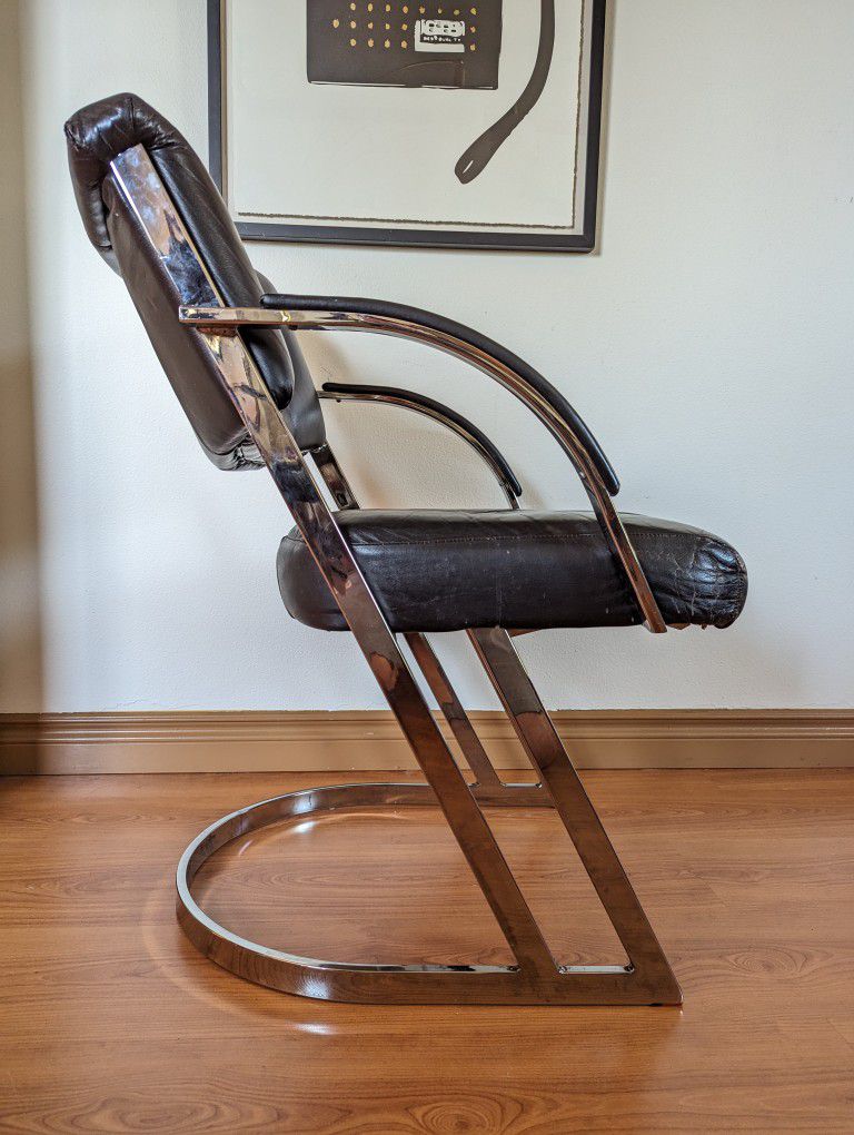 Vintage Postmodern Chrome & Black Leather Pair of Cantilever Z Chairs