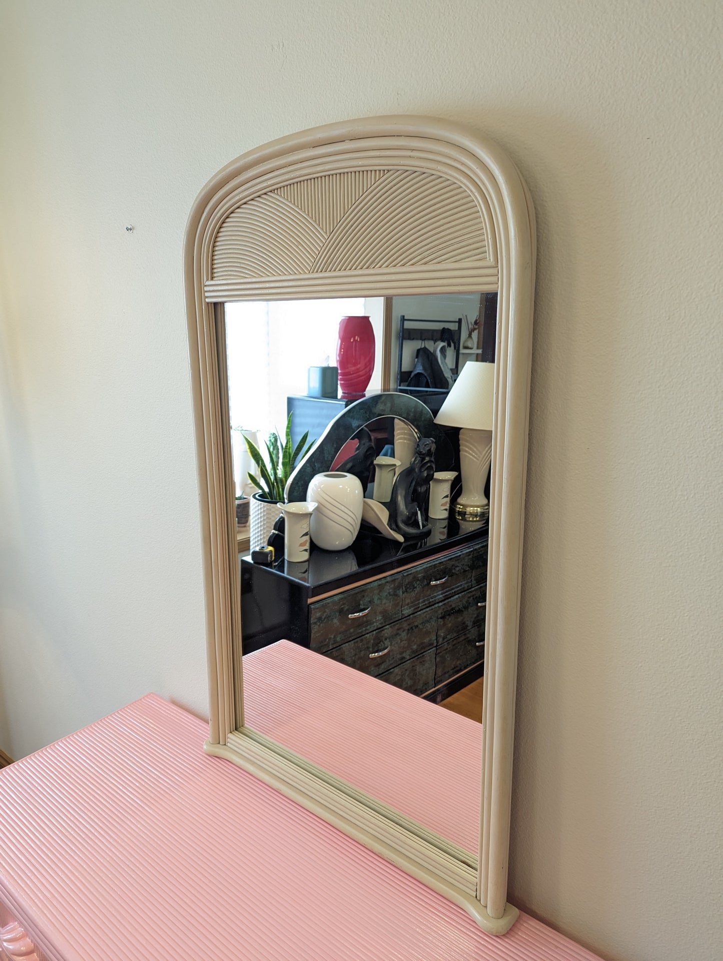 Postmodern Pencil Reed Bamboo Arched Vanity Hanging Mirror