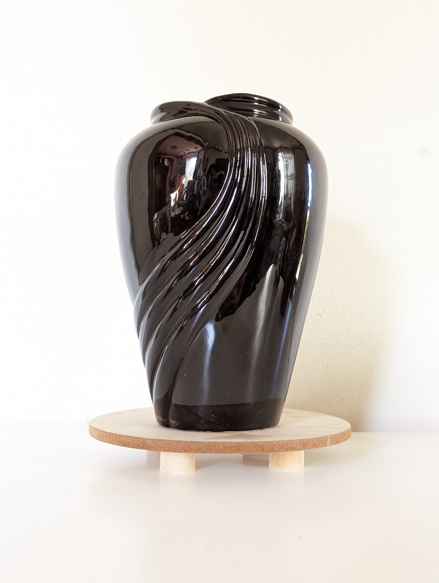 Vintage Postmodern Black Vase 80s 90s Ceramic Wave 10"