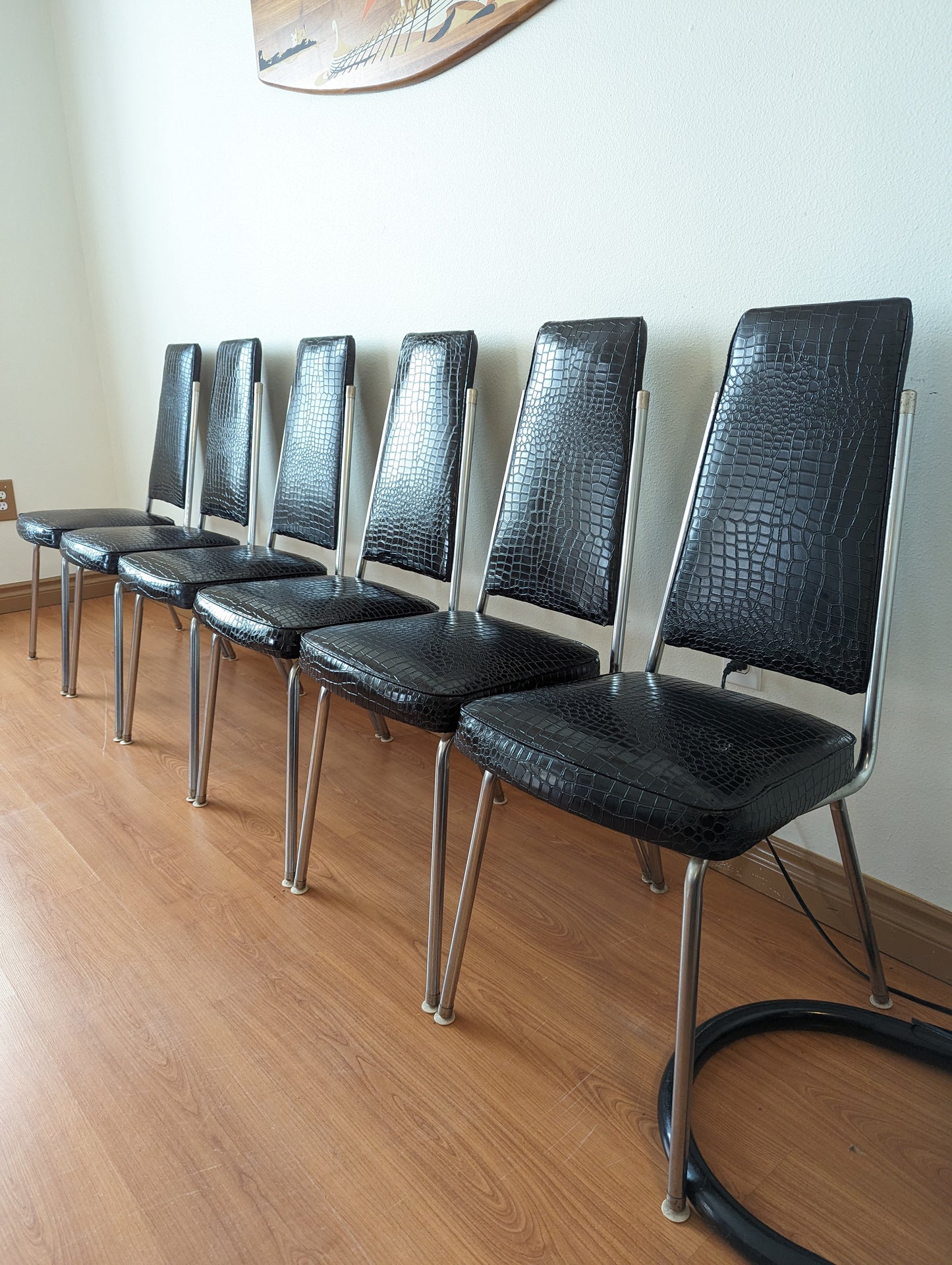 Mid Century Modern Chrome & Croc Skin Vintage Dining Set w/ 6 Chairs