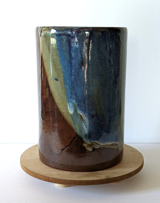 MCM Earthenware Pottery Vase Glazed Blue Green Brown by John Shedd Signed