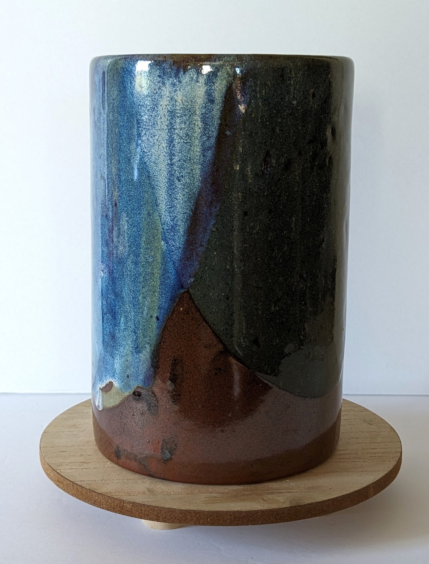 MCM Earthenware Pottery Vase Glazed Blue Green Brown by John Shedd Signed