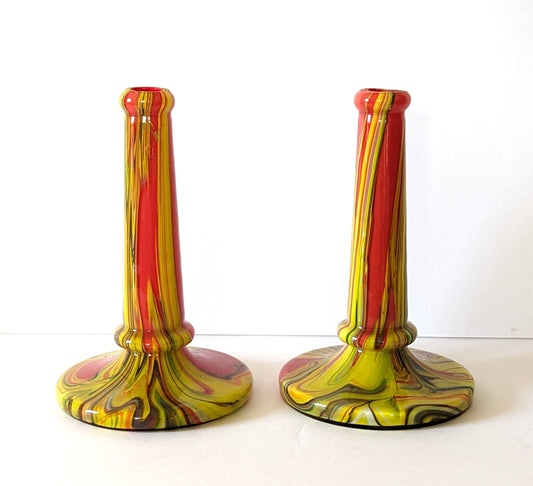 Vintage MCM Handblown Glass Candlestick Holders Swirl Lava