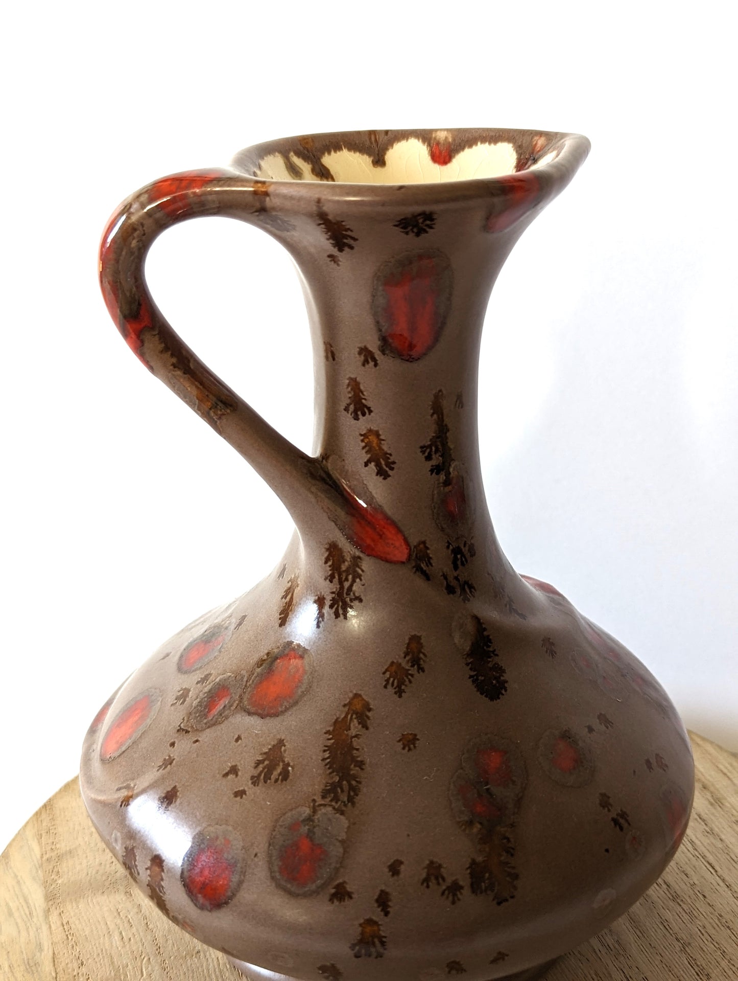 Vintage MCM Pottery Floral Genie Decanter with Handle Tan with Red by Sparkman