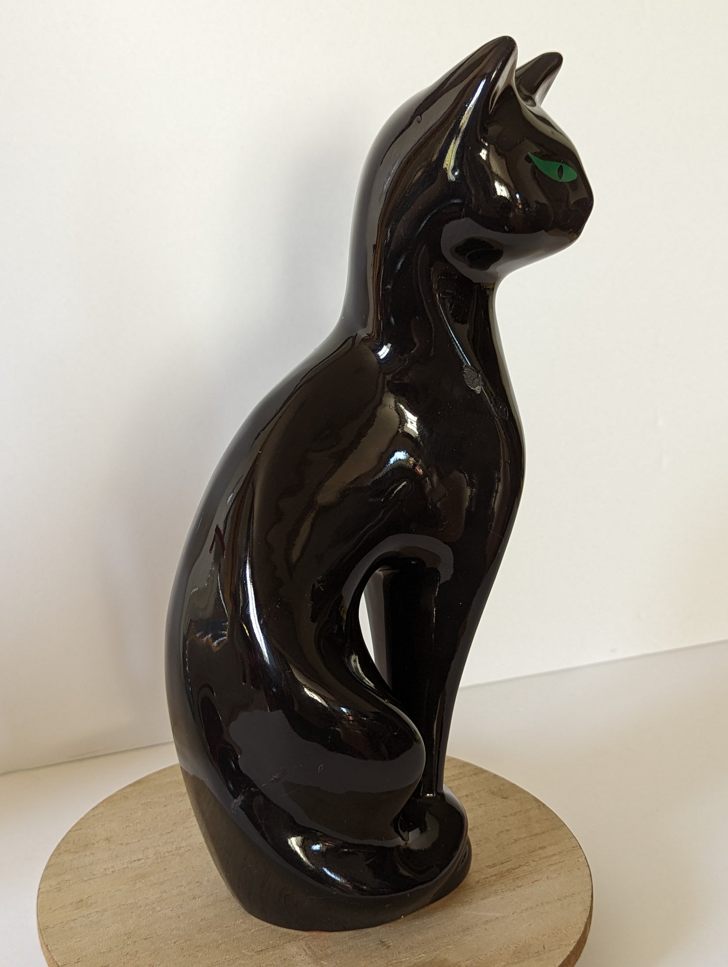 Pair of Vintage Postmodern Ceramic Cat Statue Figurines Black & White Green Eyes