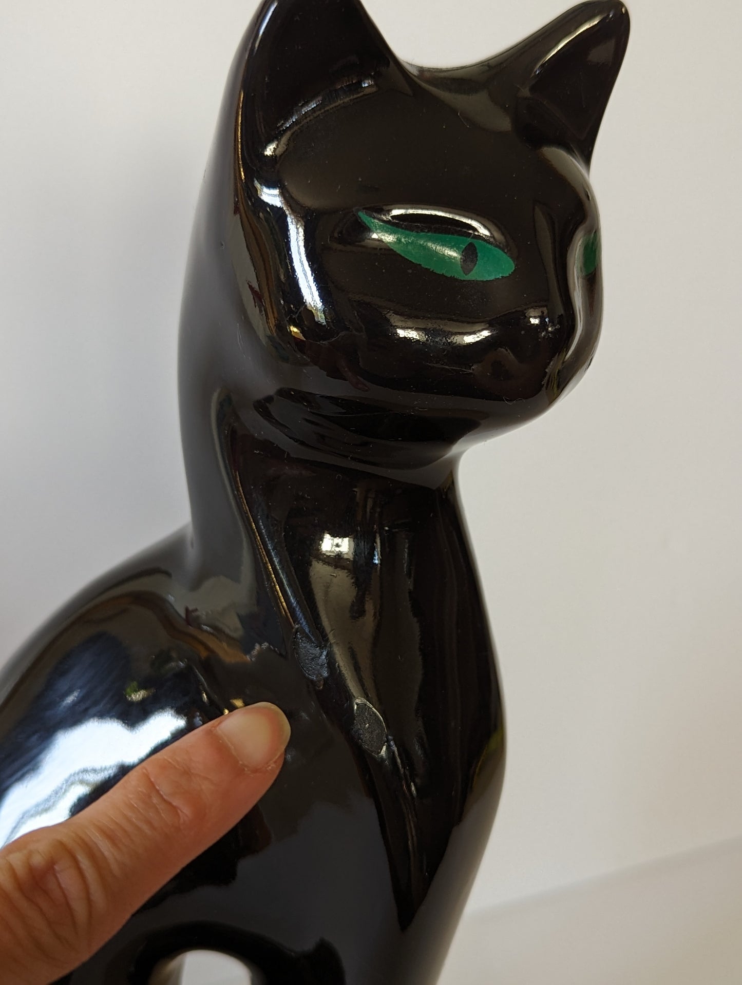 Pair of Vintage Postmodern Ceramic Cat Statue Figurines Black & White Green Eyes