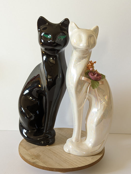 Pair of Vintage Postmodern Ceramic Cat Statue Figurines Black & White Green Eyes