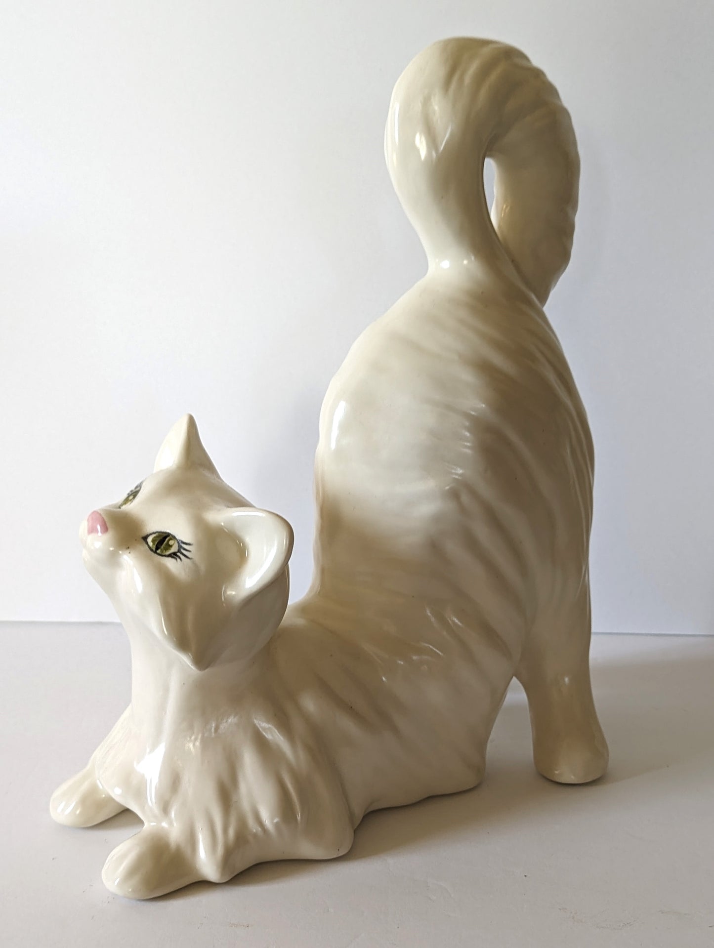 Vintage MCM Persian Large White Ceramic Cat Playful Tail 12" Tall