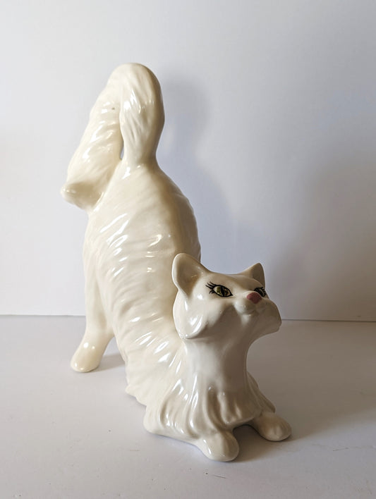 Vintage MCM Persian Large White Ceramic Cat Playful Tail 12" Tall