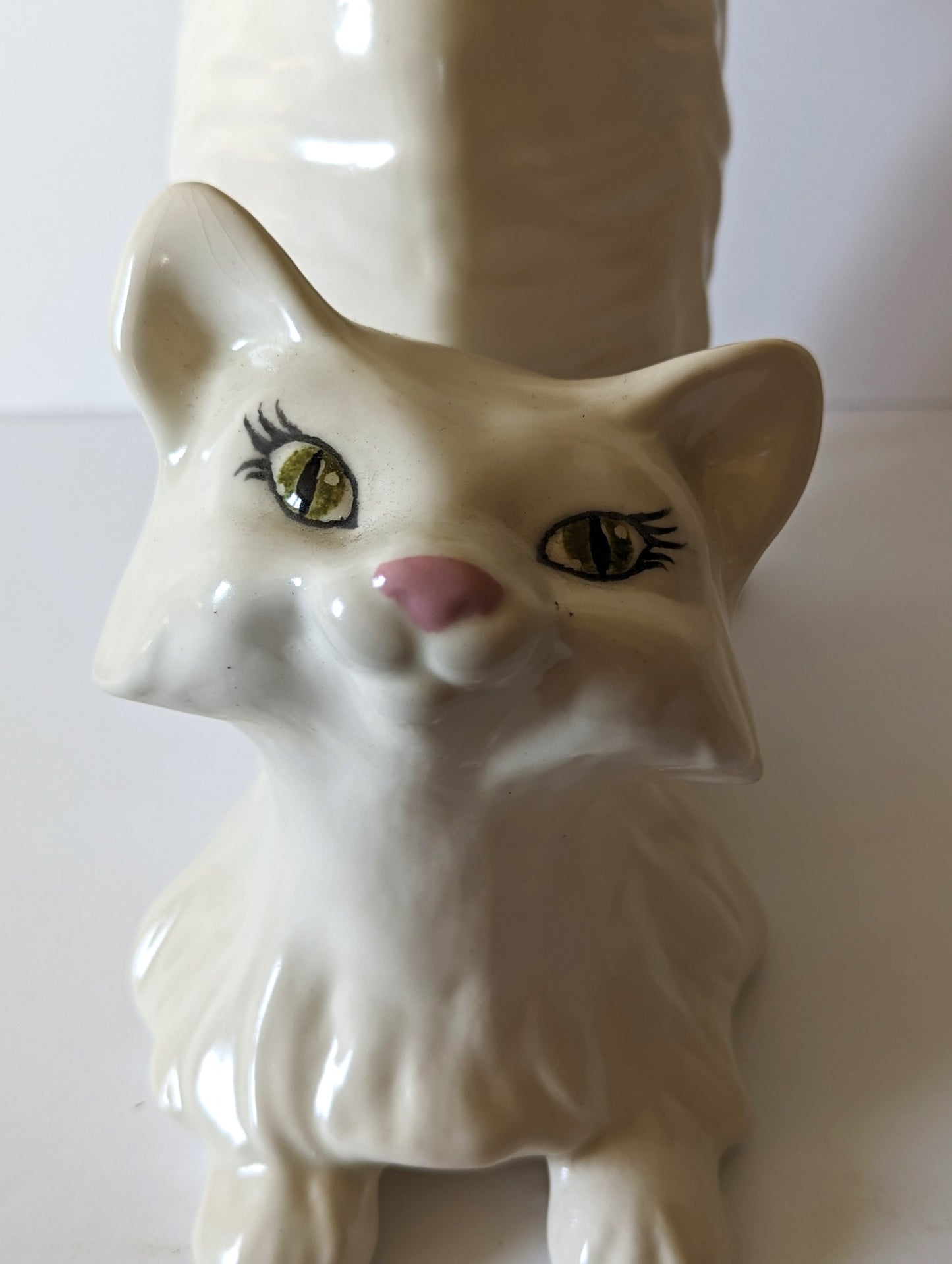 Vintage MCM Persian Large White Ceramic Cat Playful Tail 12" Tall